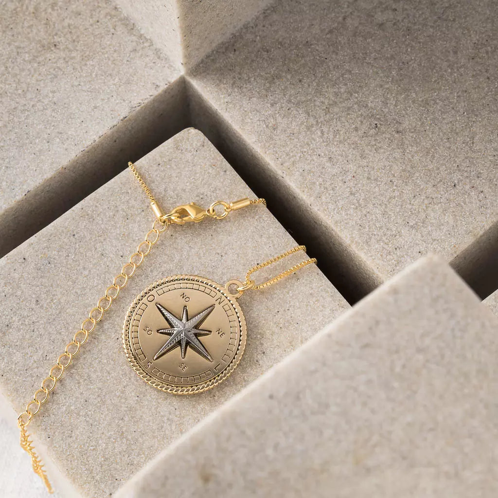 Medium Necklace with Compass Rose Pendant - Gold