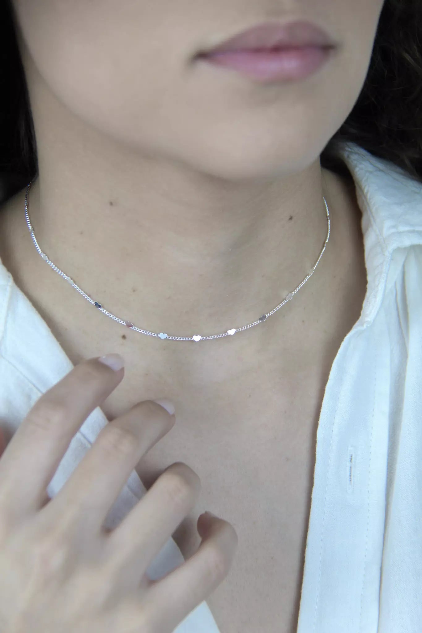 Heart Detail Chain Choker Necklace - Silver