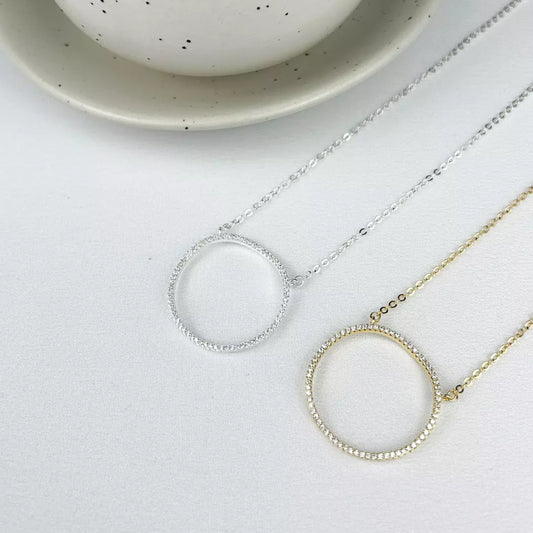 Medium Necklace with Twisted Pave Hoop Pendant - Silver