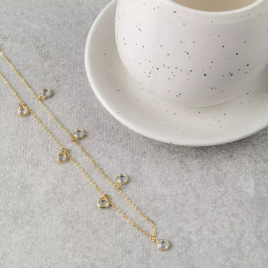 Short Necklace with Crystal Solitaire Pendants - Gold
