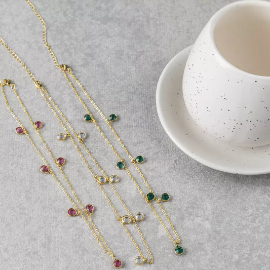 Short Necklace with Crystal Solitaire Pendants - Gold