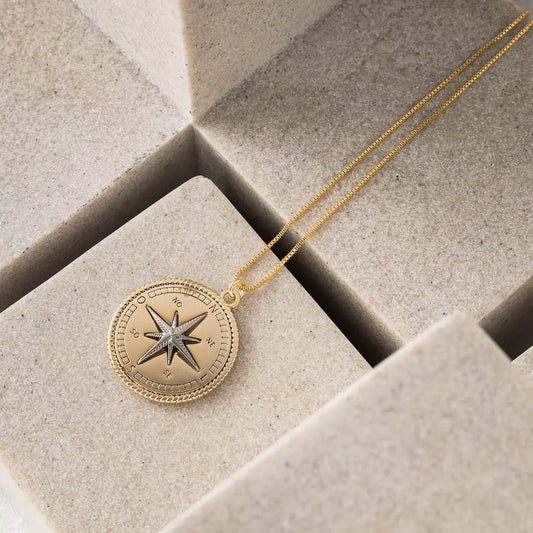 Medium Necklace with Compass Rose Pendant - Gold